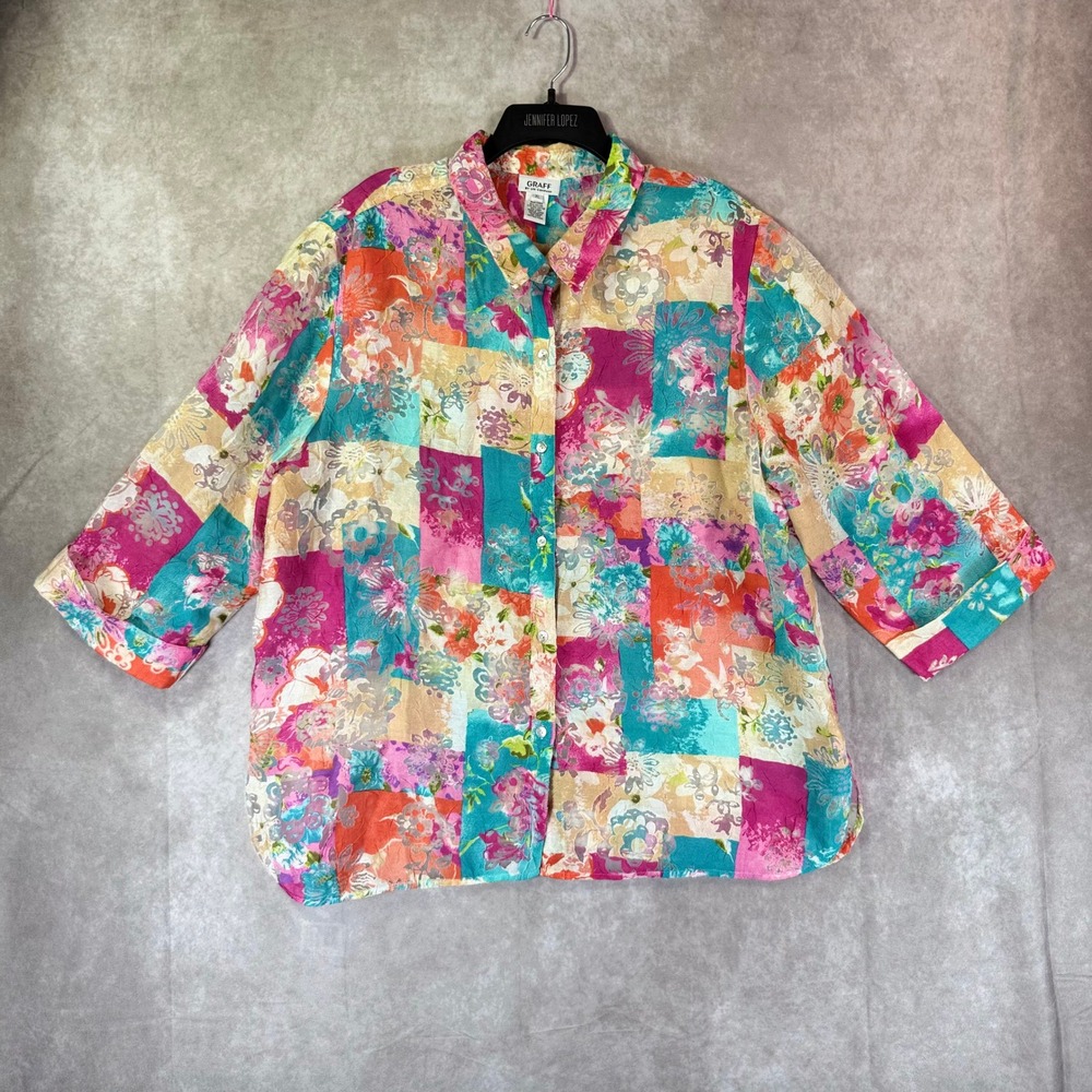 Graff Vtg Blouse XL Multicolor Floral Patchwork Linen Blend Burnout Boho Arsty